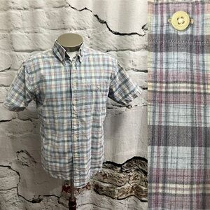 Pendleton Oceanside Short Sleeve Shirt‎ 100% Cotton Plaid Lavender Blue Beige